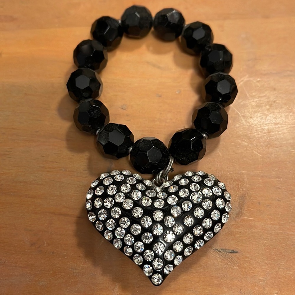 Black faceted beaded bracelet with large crystal heart